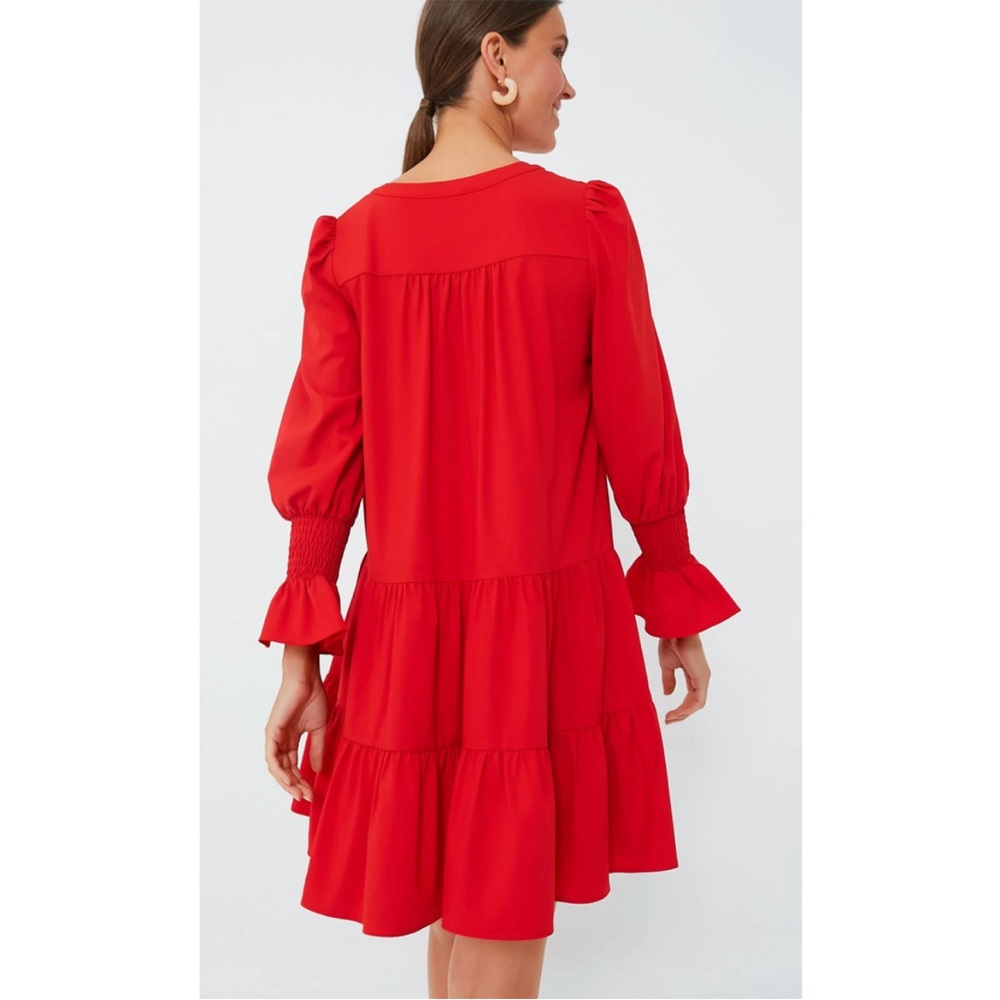 Tuckernot Pomander Place Red Crepe Kenzo Ruffle via-neck long sleeve Dress Sz L - Picture 4 of 16